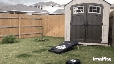 A Shed In A Backyard With A Bag Toss Game In Front Of It And The Words Imgplay On The Bottom GIF