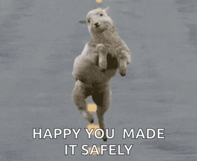 A Sheep Is Jumping Over A Road With The Words `` Happy You Made It Safely '' Written Below It . GIF