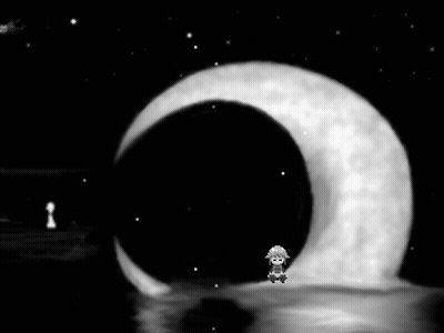 A Sheep Is Sitting In Front Of A Crescent Moon In A Black And White Photo GIF
