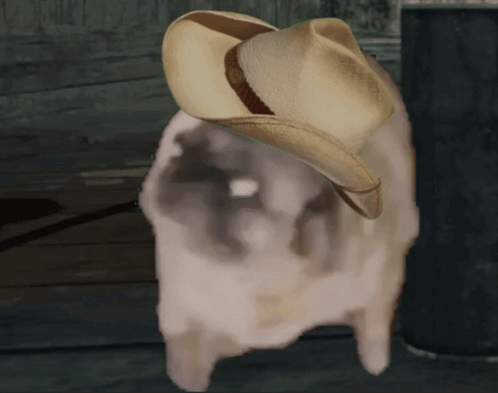 A Sheep Wearing A Cowboy Hat Is Standing Next To A Wall GIF
