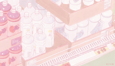 A Shelf Full Of Pink Bottles And Cans With A Price Tag Of 100 Yen GIF