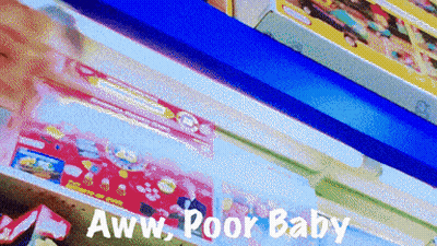 A Shelf Full Of Toys With The Words Aww Poor Baby Written On The Bottom GIF