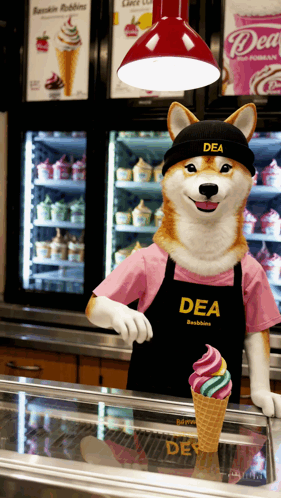 A Shiba Inu Mascot Wearing An Apron That Says Dea On It GIF
