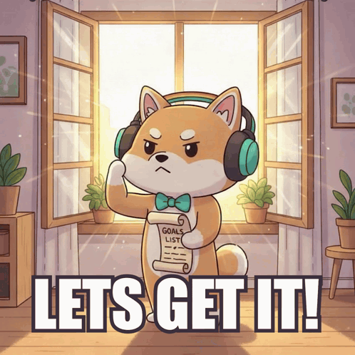 A Shiba Inu Wearing Headphones And Holding A Goals List Says Lets Get It GIF