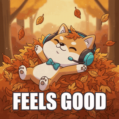 A Shiba Inu Wearing Headphones Is Laying In A Pile Of Leaves With The Words Feels Good Below Him GIF