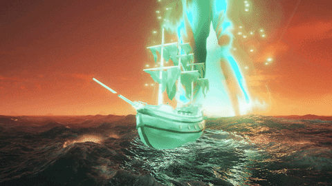 A Ship Is Floating In The Ocean With A Glowing Light Coming Out Of It GIF