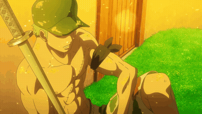 A Shirtless Anime Character Holding A Sword GIF