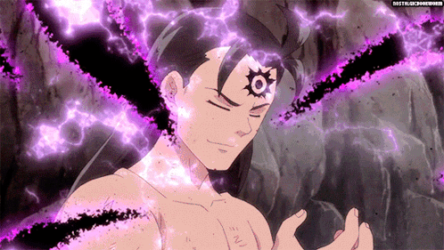 A Shirtless Anime Character With A Purple Lightning Bolt On His Head GIF