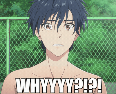 A Shirtless Anime Character With The Words " Whyyyy ? ! ? " On His Chest GIF