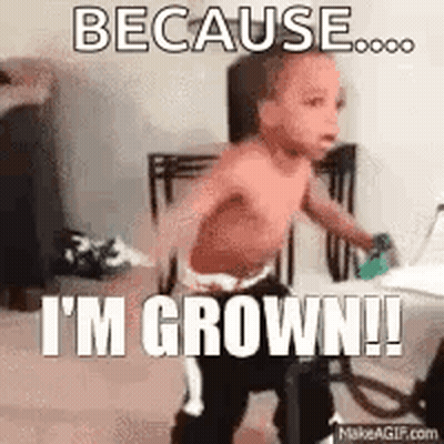 A Shirtless Baby Is Running In A Room With The Words `` Because I 'M Grown '' . GIF