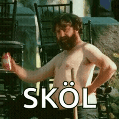 A Shirtless Bearded Man Is Holding A Can Of Skol Beer . GIF