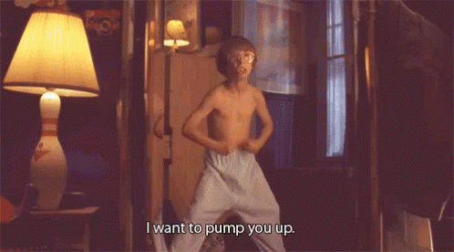 A Shirtless Boy Is Dancing In A Room And Says I Want To Pump You Up GIF