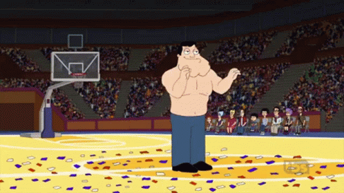 A Shirtless Cartoon Character Stands On A Basketball Court With A Crowd Watching GIF