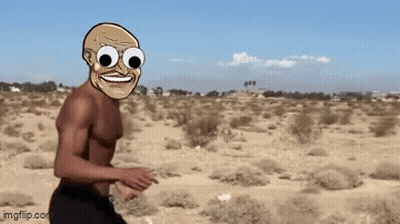 A Shirtless Cartoon Character With Big Eyes Is Running In The Desert GIF