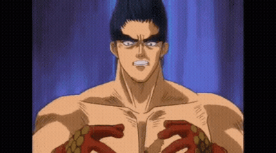 A Shirtless Cartoon Character With Red Gloves On His Hands Is Holding His Chest . GIF