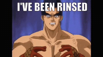 A Shirtless Cartoon Character With The Words " I 'Ve Been Rinsed " On The Bottom GIF