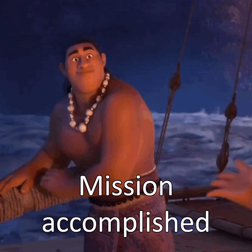 A Shirtless Cartoon Character With The Words Mission Accomplished Written Below Him GIF
