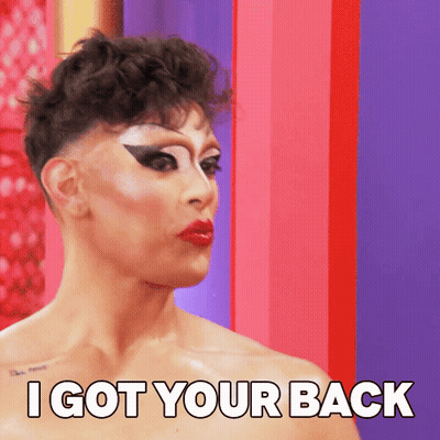 A Shirtless Drag Queen Says " I Got Your Back " In White Letters GIF