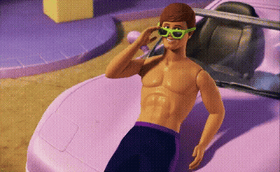 A Shirtless Ken Doll Wearing Green Sunglasses Is Standing In Front Of A Pink Car GIF