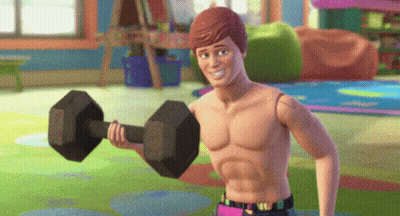 A Shirtless Ken From Toy Story Is Lifting A Black Dumbbell GIF