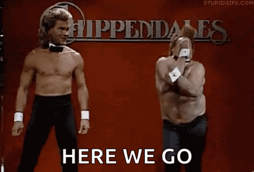 A Shirtless Man And A Fat Man Are Dancing In Front Of A Sign That Says Here We Go GIF