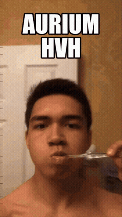 A Shirtless Man Brushing His Teeth With The Words Aurium Hvh Below Him GIF
