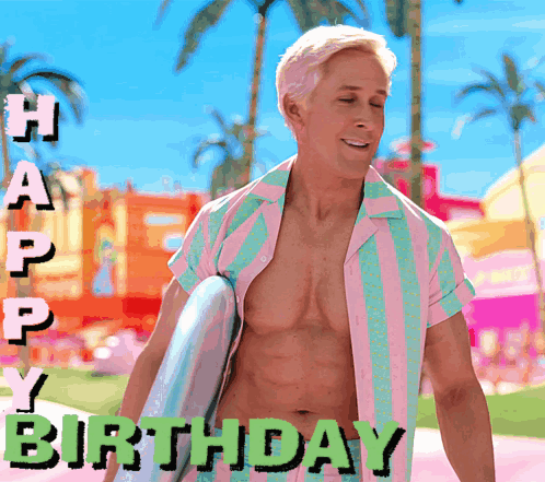 A Shirtless Man Carrying A Surfboard With The Words Happy Birthday Written Below Him GIF