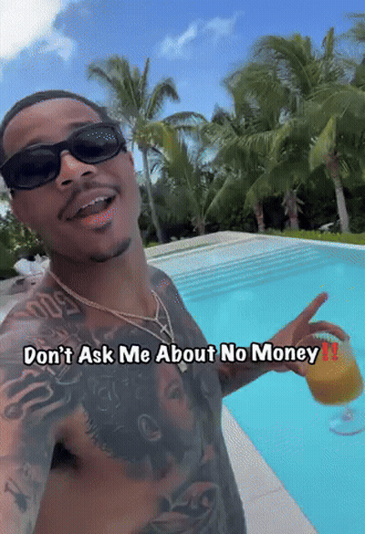 A Shirtless Man Holding A Drink In Front Of A Pool With The Words " Don T Ask Me About No Money " GIF