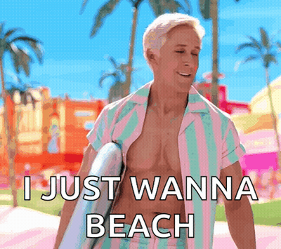 A Shirtless Man Holding A Surfboard With The Words I Just Wanna Beach Below Him GIF