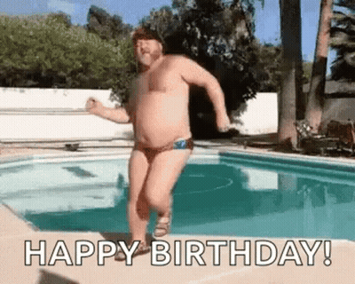 A Shirtless Man In A Bathing Suit Is Jumping Into A Swimming Pool To Say Happy Birthday . GIF