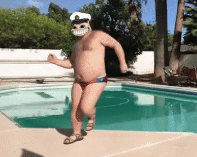 A Shirtless Man In A Captain 'S Hat Is Dancing Near A Pool GIF