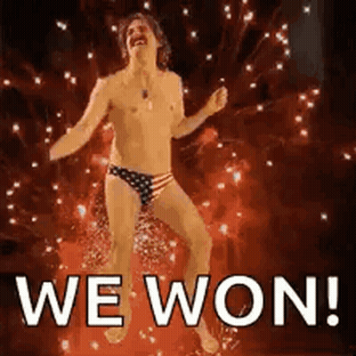 A Shirtless Man In American Flag Underwear Is Dancing In Front Of Fireworks And The Words `` We Won '' . GIF