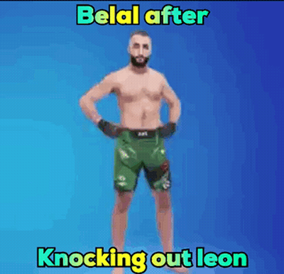 A Shirtless Man In Green Shorts Is Standing In Front Of A Blue Background With The Words Belal After Knocking Out Leon GIF