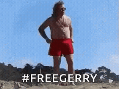 A Shirtless Man In Red Shorts Is Standing On A Beach And Says `` Freegerry '' . GIF