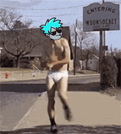 A Shirtless Man In White Underwear Is Running In Front Of A Sign That Says Entering Moonsocks GIF