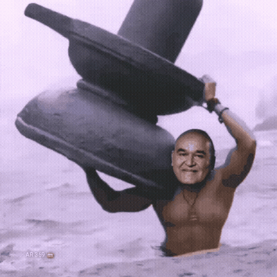 A Shirtless Man Is Carrying A Large Statue On His Shoulders And The Bottom Of The Image Says Ar369 GIF