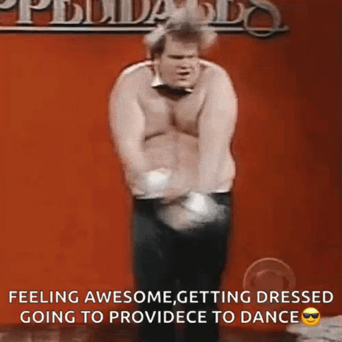 A Shirtless Man Is Dancing In Front Of A Red Wall With The Words Feeling Awesome Getting Dressed Going To Providece To D GIF