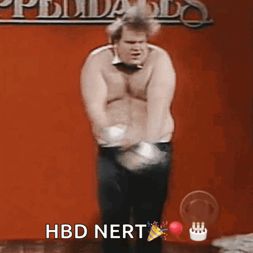 A Shirtless Man Is Dancing With The Words Hbd Nert Written Below Him GIF