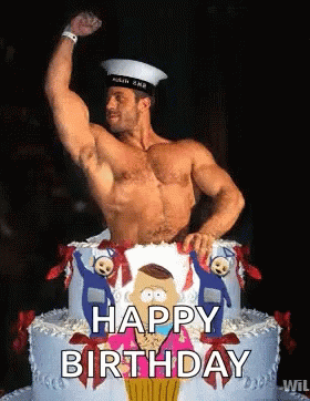 A Shirtless Man Is Flexing His Muscles In Front Of A Birthday Cake That Says Happy Birthday . GIF
