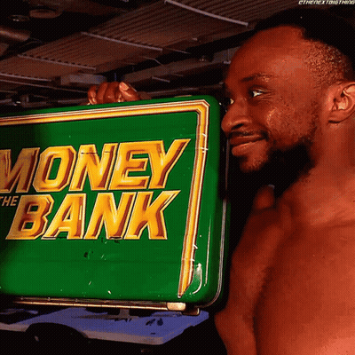 A Shirtless Man Is Holding A Green Money Bank Sign GIF