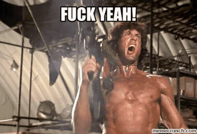 A Shirtless Man Is Holding A Gun With The Words Fuck Yeah Written Above Him GIF