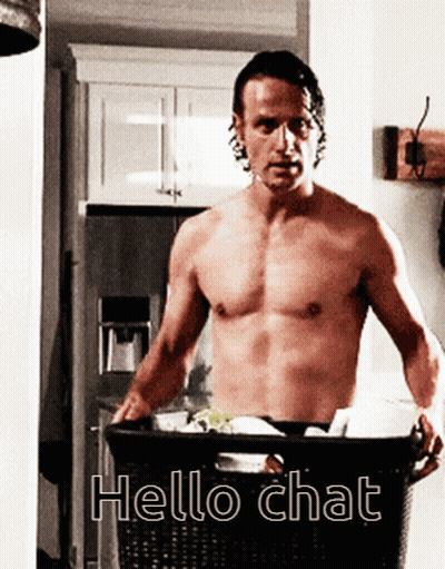 A Shirtless Man Is Holding A Laundry Basket With The Words Hello Chat Written On It GIF