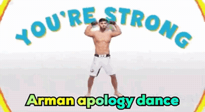 A Shirtless Man Is In A Circle With The Words Arman Apology Dance On The Bottom GIF
