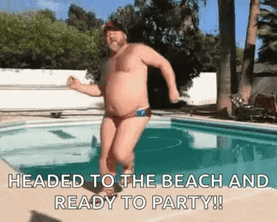 A Shirtless Man Is Jumping Into A Pool With The Words Headed To The Beach And Ready To Party GIF