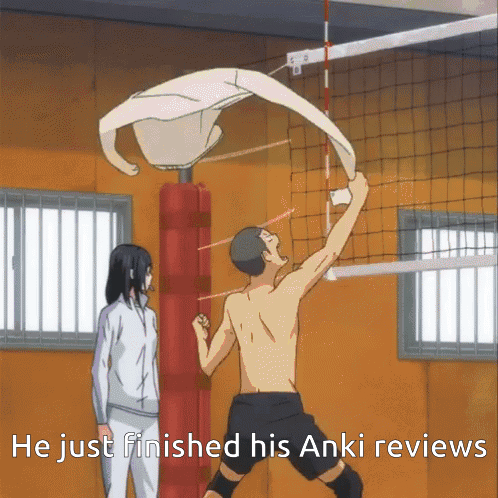 A Shirtless Man Is Jumping Over A Volleyball Net With The Caption " He Just Finished His Anki Reviews " GIF