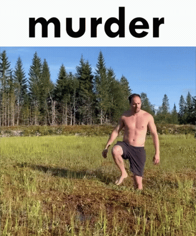 A Shirtless Man Is Kneeling In A Grassy Field With The Word Murder Above Him GIF