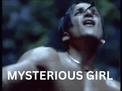 A Shirtless Man Is Screaming With The Words Mysterious Girl Above Him GIF