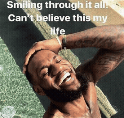A Shirtless Man Is Smiling In Front Of A Pool With The Caption Smiling Through It All GIF