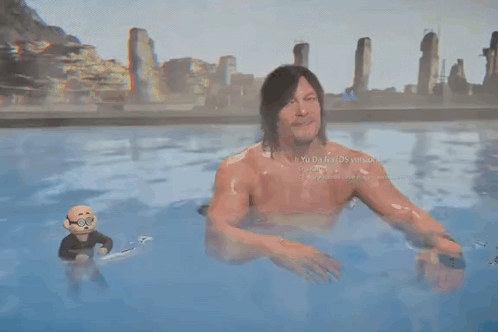 A Shirtless Man Is Standing In A Pool With A Stuffed Animal . GIF