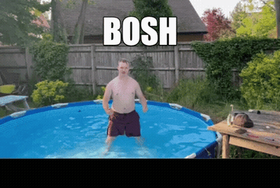 A Shirtless Man Is Standing In A Swimming Pool With The Words Bosh Above Him GIF